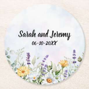 Dessous-de-verre Rond En Papier Mariage personnalisé à l'aquarelle de fleurs sauva