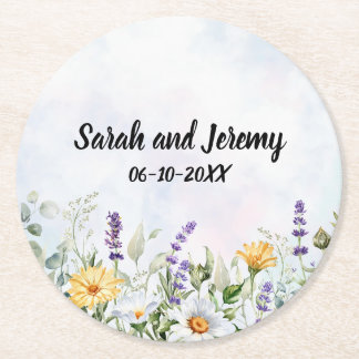 Dessous-de-verre Rond En Papier Mariage personnalisé à l'aquarelle de fleurs sauva