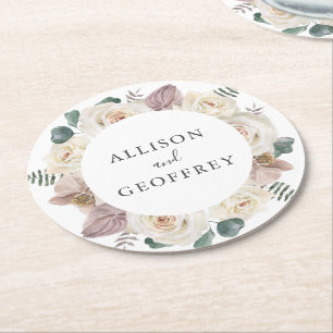 Dessous-de-verre Rond En Papier Mariage personnalisé aux roses et orchidées à l'aq