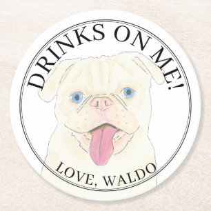 Dessous-de-verre Rond En Papier Mariage Personnalisé de Chien Carlin Blanc