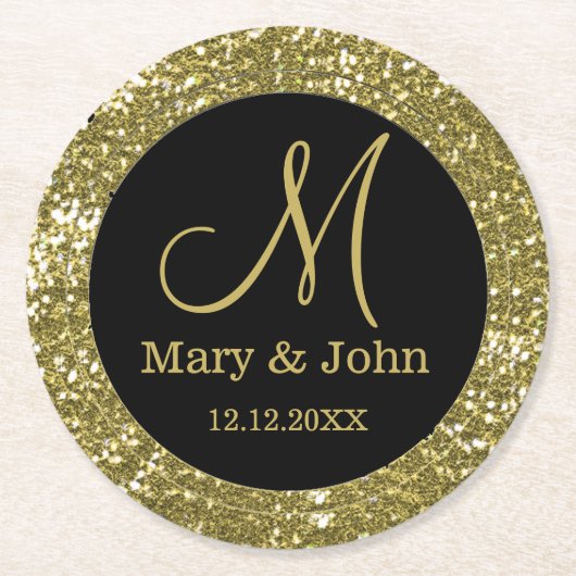 Dessous-de-verre Rond En Papier Mariage personnalisé Monogram Parties scintillant (Devant)