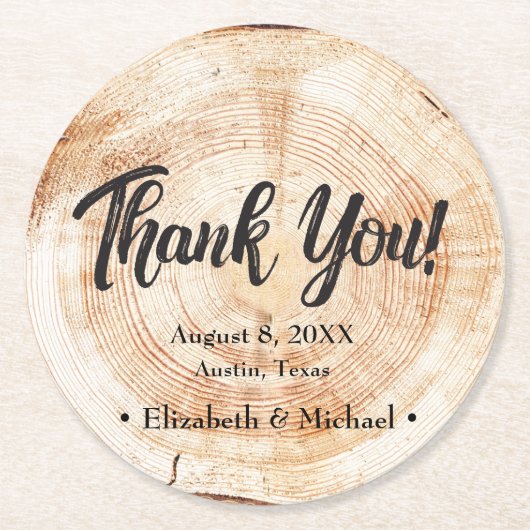 Dessous-de-verre Rond En Papier Mariage rustique Merci coupe bois en faveur (Devant)
