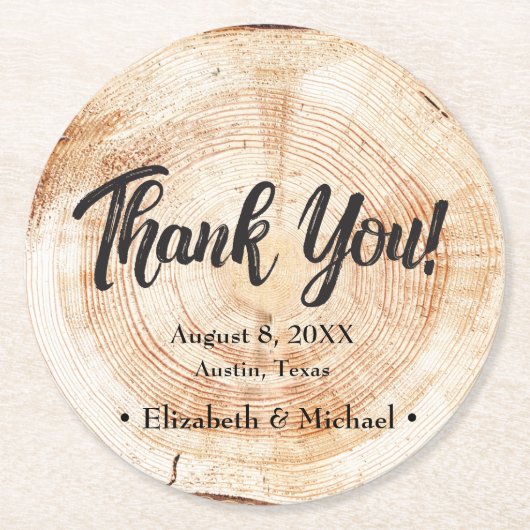 Dessous-de-verre Rond En Papier Mariage rustique Merci coupé en bois (Devant)
