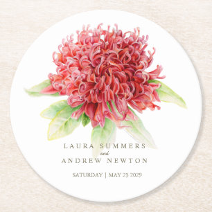 Dessous-de-verre Rond En Papier Mariage Waratah Aquarelle botanique rouge et vert