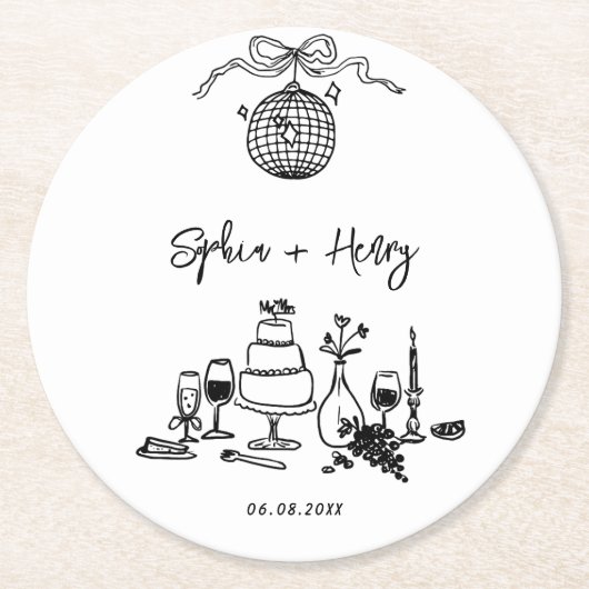 Dessous-de-verre Rond En Papier Mariage Whimsical funky dessiné à la main (Devant)