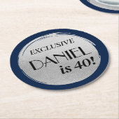 Dessous-de-verre Rond En Papier Marine moderne Anniversaire Bleu Argent (Incliné)