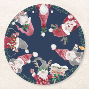 Dessous-de-verre Rond En Papier Marine Rouge Gnomes Noël Aquarelle Holly Foliage