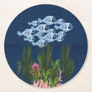 Dessous-de-verre Rond En Papier Marine Texté, Poisson, Corail Rose