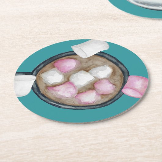 Dessous-de-verre Rond En Papier Marshmallows cacao chaud chocolat hiver rose turqu (Incliné)