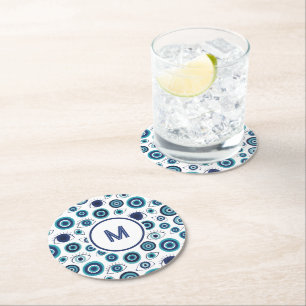 Dessous-de-verre Rond En Papier Mauvais œil grec bleu côtier blanc 