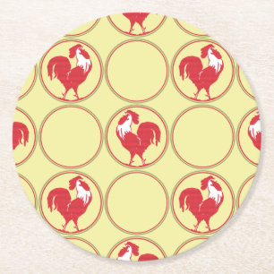 Dessous-de-verre Rond En Papier Médaillon de coq rouge Motif sur Jaune
