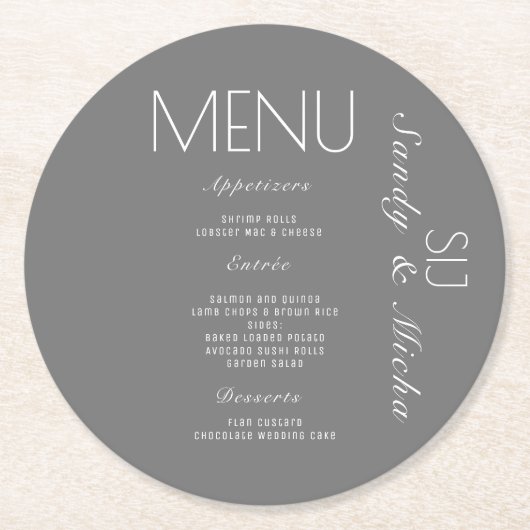 Dessous-de-verre Rond En Papier Menu de dîner de mariage Simple Script gris (Devant)