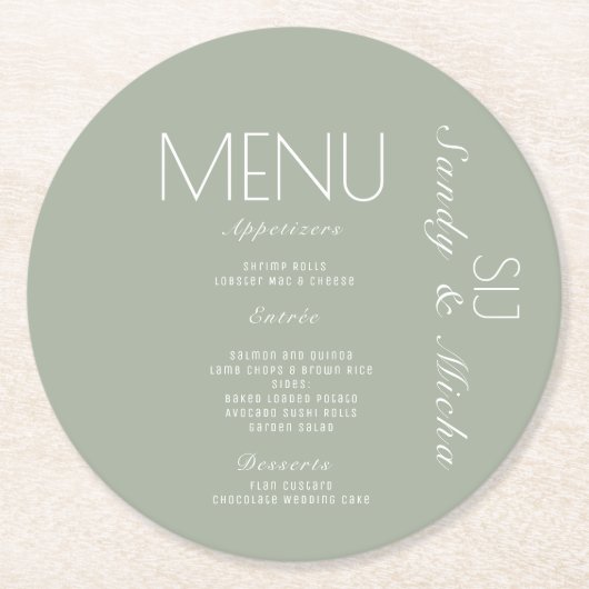 Dessous-de-verre Rond En Papier Menu de dîner de mariage Simple Script Sage (Devant)