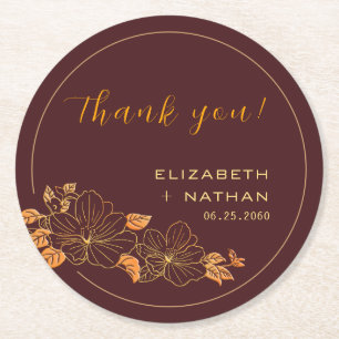 Dessous-de-verre Rond En Papier Merci Mariage Floral Burgundy Gold Classy