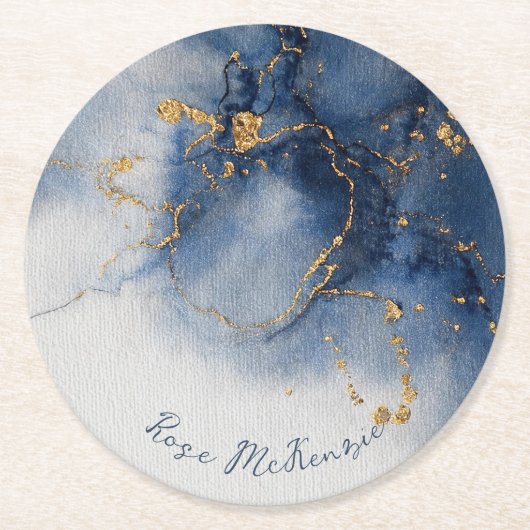 Dessous-de-verre Rond En Papier Midnight Blues et reflets dorés Abstrait (Devant)