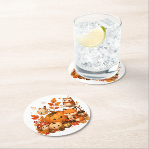 Dessous-de-verre Rond En Papier Mignons Animaux D'automne Kawaii Citrouille Renard