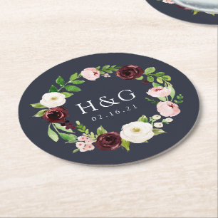 Dessous-de-verre Rond En Papier Minuit Romance Mariage Monogramme & Date