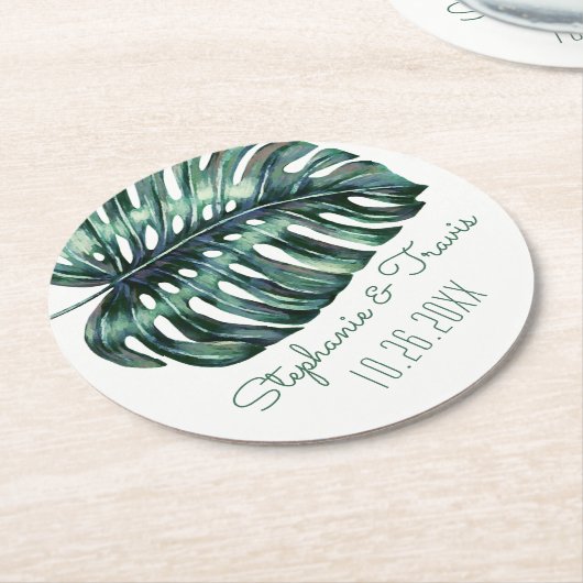 Dessous-de-verre Rond En Papier Mod Tropical Palm Leaf Monstera Vert (Incliné)