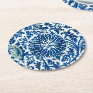 Dessous-de-verre Rond En Papier Modèle floral chinois bleu