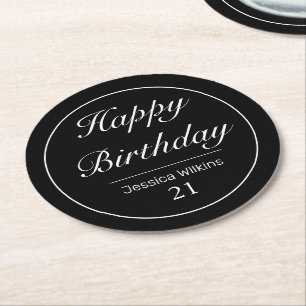 Dessous-de-verre Rond En Papier Moderne minimaliste blanc noir Joyeux anniversaire
