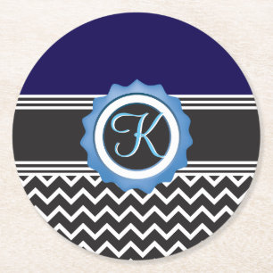 Dessous-de-verre Rond En Papier Monogramme bleu noir Chevron