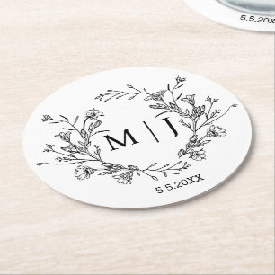 Dessous-de-verre Rond En Papier monogramme botanique élégant mariage simple