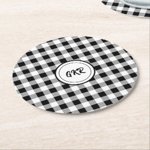 Dessous-de-verre Rond En Papier Monogramme, Chèque de bison noir et blanc (6)
