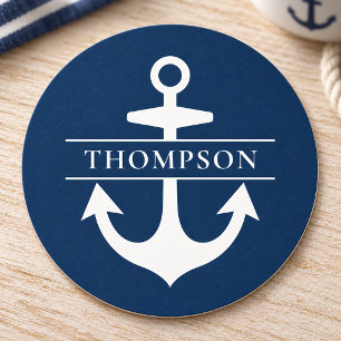 Dessous-de-verre Rond En Papier Monogramme d'ancre nautique bleu marine