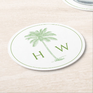 Dessous-de-verre Rond En Papier Monogramme d'arbre de palmier vert et blanc Palmet