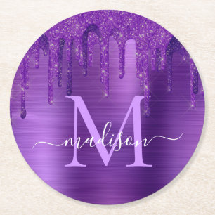 Dessous-de-verre Rond En Papier Monogramme de brosse en métal à Parties scintillan