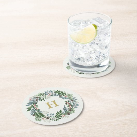 Dessous-de-verre Rond En Papier Monogramme de couronne de Noël (En situation)