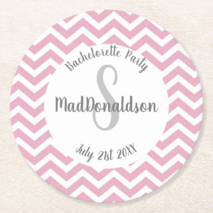 Dessous-de-verre Rond En Papier Monogramme de fête rose et blanc à chevrons