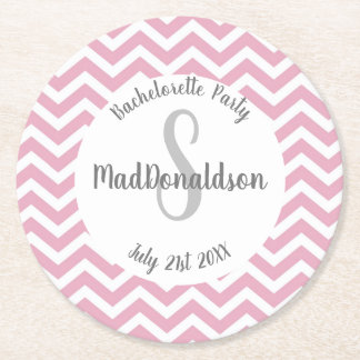 Dessous-de-verre Rond En Papier Monogramme de fête rose et blanc à chevrons