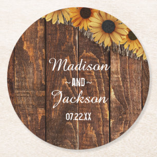 Dessous-de-verre Rond En Papier Monogramme de mariage au tournesol en bois rustiqu