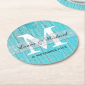 Dessous-de-verre Rond En Papier Monogramme de Mariage campagnard en bois turquoise (Incliné)
