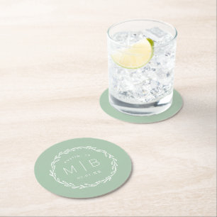 Dessous-de-verre Rond En Papier Monogramme de Mariage de couronne rustique Sage