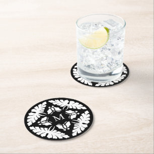 Dessous-de-verre Rond En Papier Monogramme de mariage noir et blanc vintage