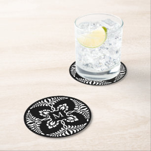 Dessous-de-verre Rond En Papier Monogramme de mariage noir et blanc vintage
