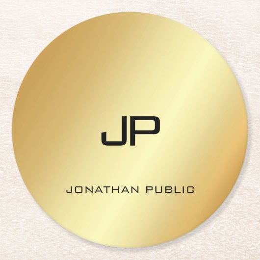 Dessous-de-verre Rond En Papier Monogramme Elegant Faux Gold Modèle moderne (Devant)
