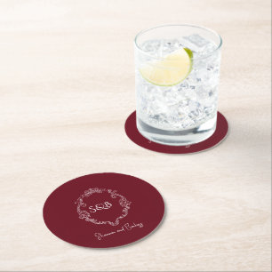 Dessous-de-verre Rond En Papier Monogramme élégant minimaliste bordeaux simple