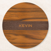Dessous-de-verre Rond En Papier Monogramme En Bois D'Acajou Et Texture En Cuir (Devant)