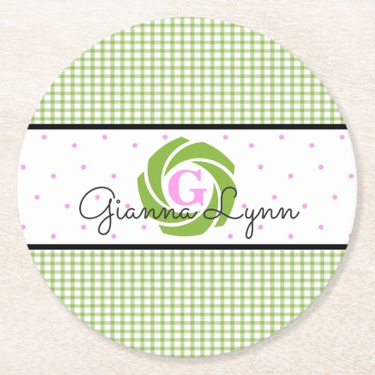 Dessous-de-verre Rond En Papier Monogramme En vichy vert (Devant)