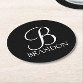 Dessous-de-verre Rond En Papier Monogramme et nom de script personnalisé noir (Incliné)