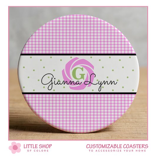 Dessous-de-verre Rond En Papier Monogramme Gingham Rose