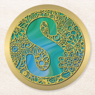 Dessous-de-verre Rond En Papier Monogramme Initial Moderne Lettre Dorée et Turquoi