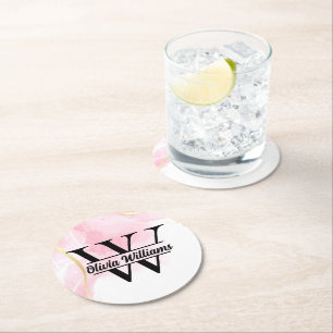 Dessous-de-verre Rond En Papier Monogramme Marbre Rose   Paillettes Dorées Moderne