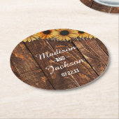 Dessous-de-verre Rond En Papier Monogramme Mariage de tournesol en bois rustique e (Incliné)