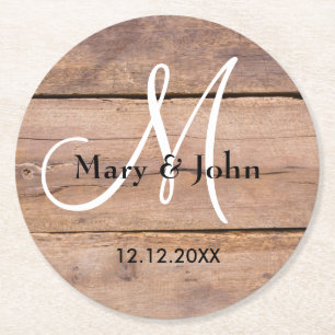 Dessous-de-verre Rond En Papier Monogramme Mariage en bois de grange rustique