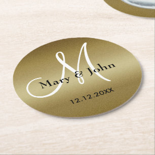 Dessous-de-verre Rond En Papier Monogramme Mariage Merci Shimmery Gold