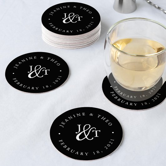 Dessous-de-verre Rond En Papier Monogramme Mariage noir et blanc